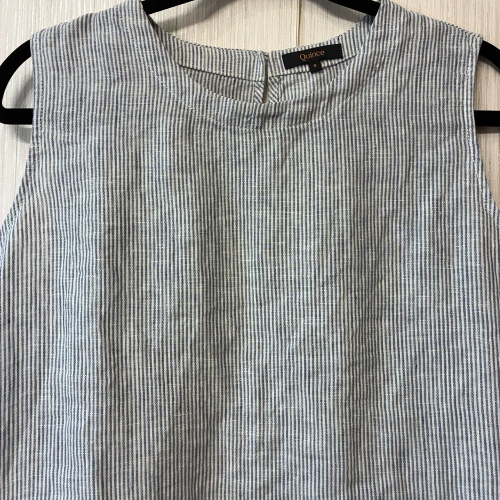 Quince Blue and White 100% Linen Boho Coastal Striped Tank Top Small - Picture 4 of 6